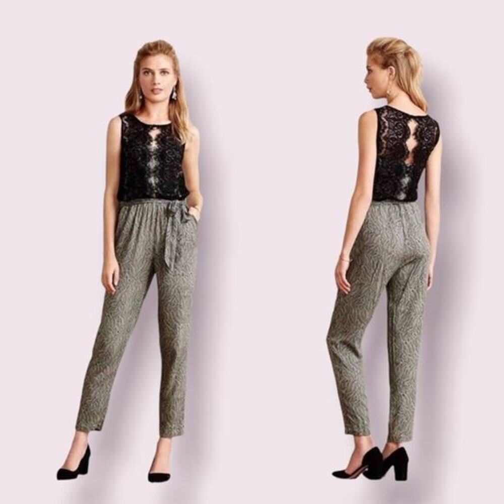 Anthropologie Elevenses Lace Medley Ankle Jumpsuit Black Gray Cutout Sleeveless